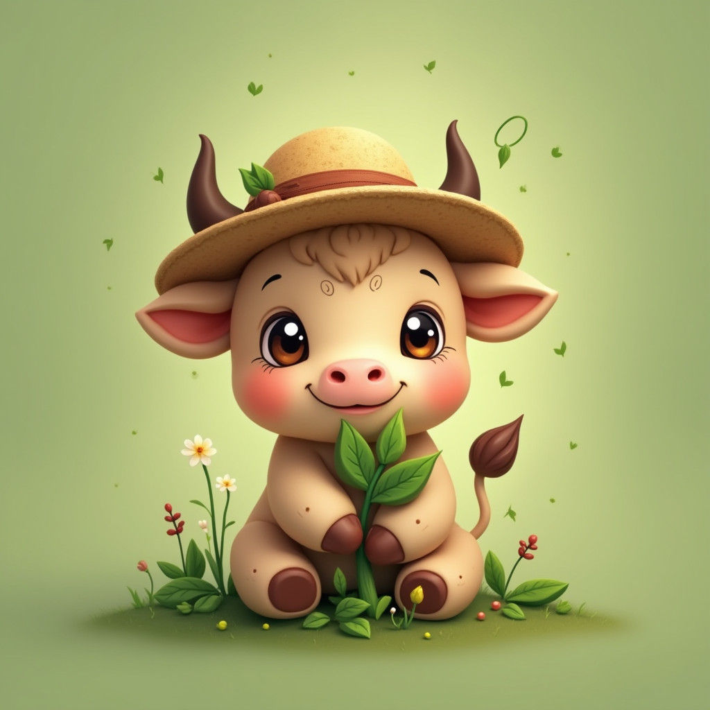 Chibi Bull Cub Protects Sapling: Dreamy Fantasy Art