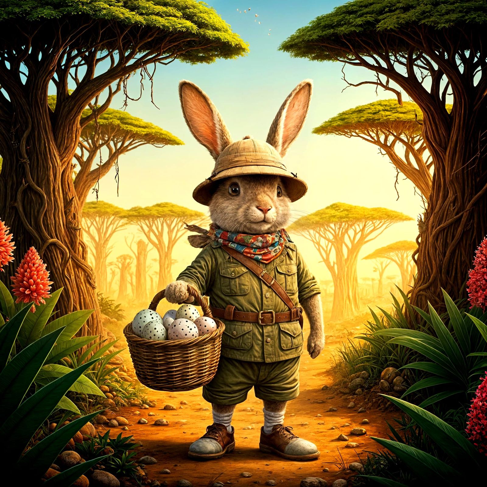 Whimsical Rabbit in Safari Attire Discovers African Wonders