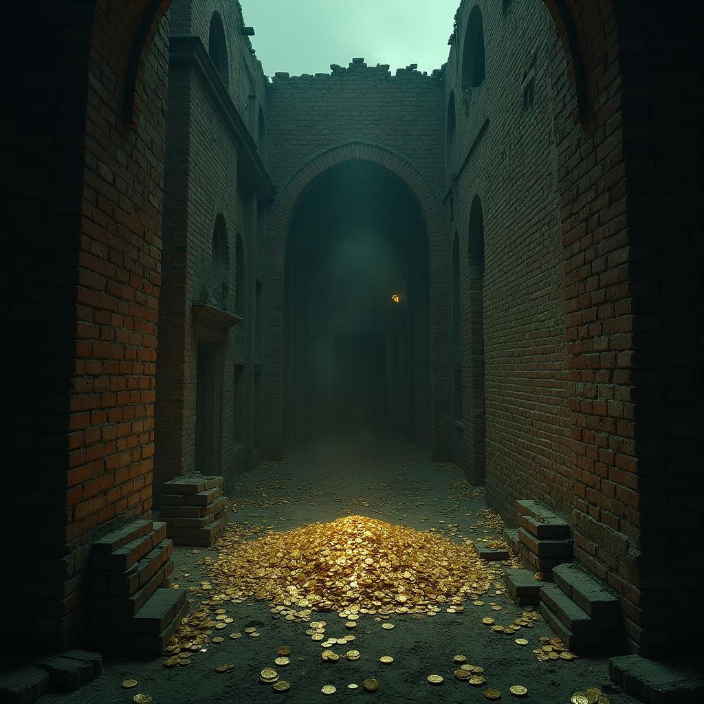 Eerie Brick Mansion Ruins with Gold Coins