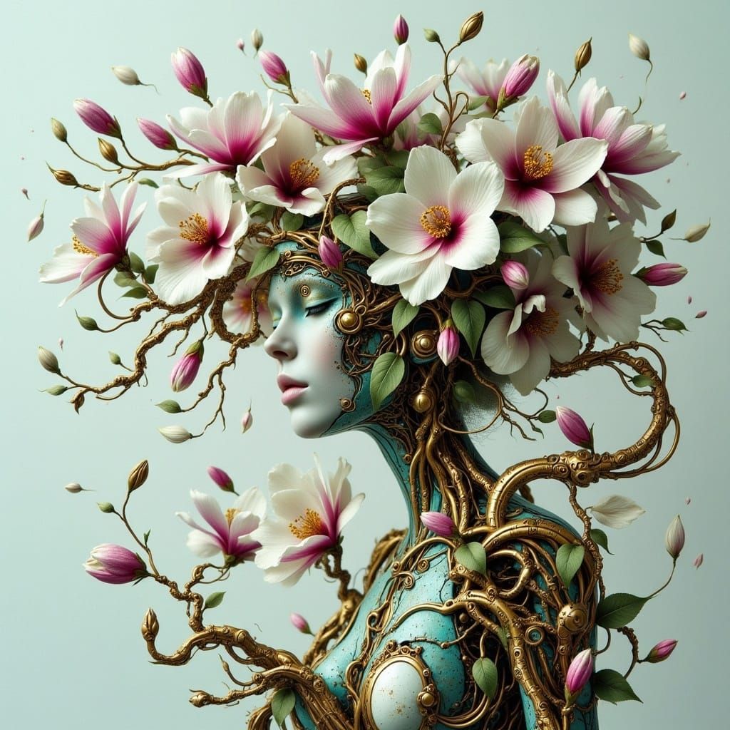 Biomechanical Woman Fused with Magnolia Tree
