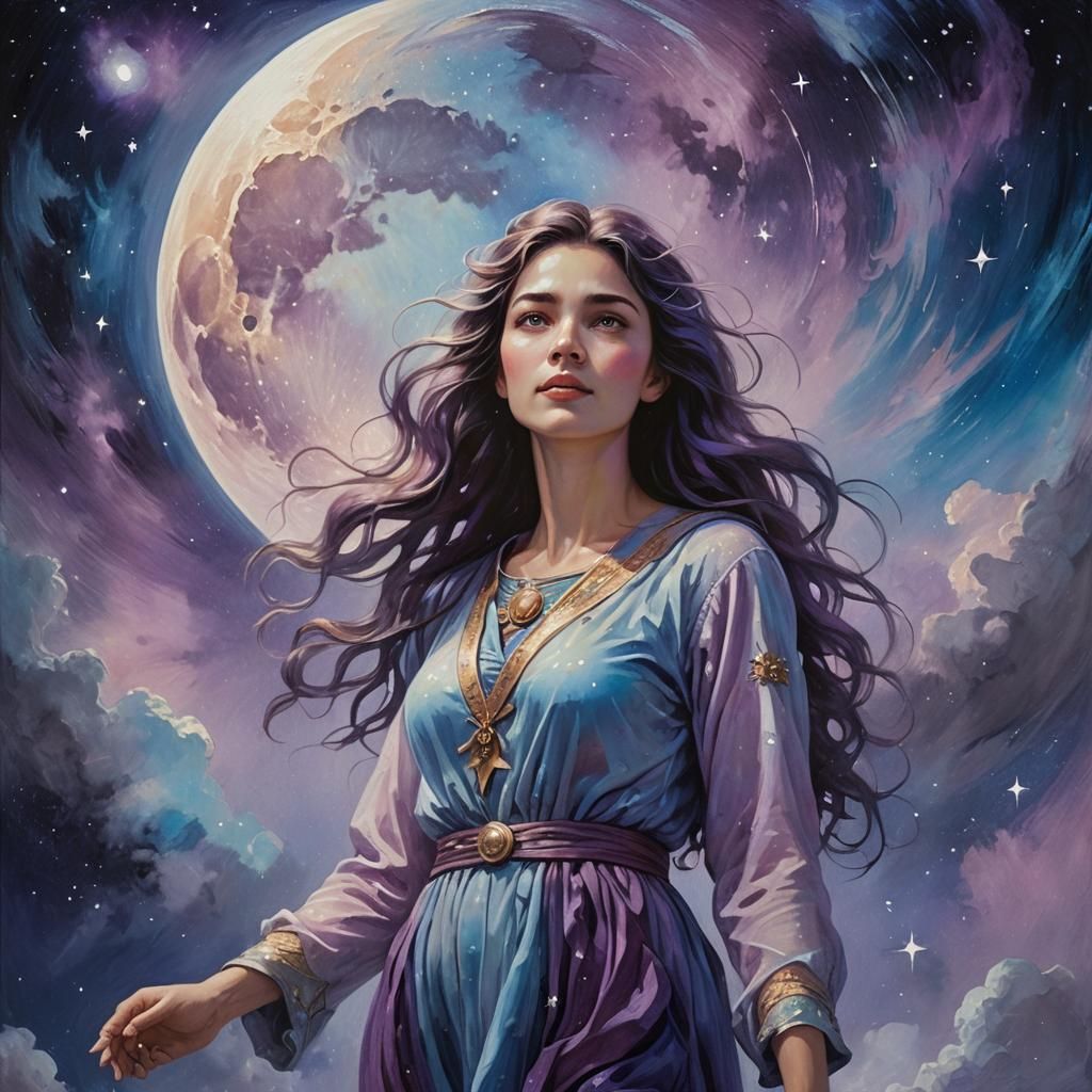 Ethereal Woman on the Moon in Oil Painting Style