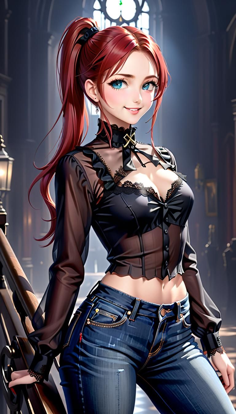 Alluring Woman in Lace Blouse, Digital Art