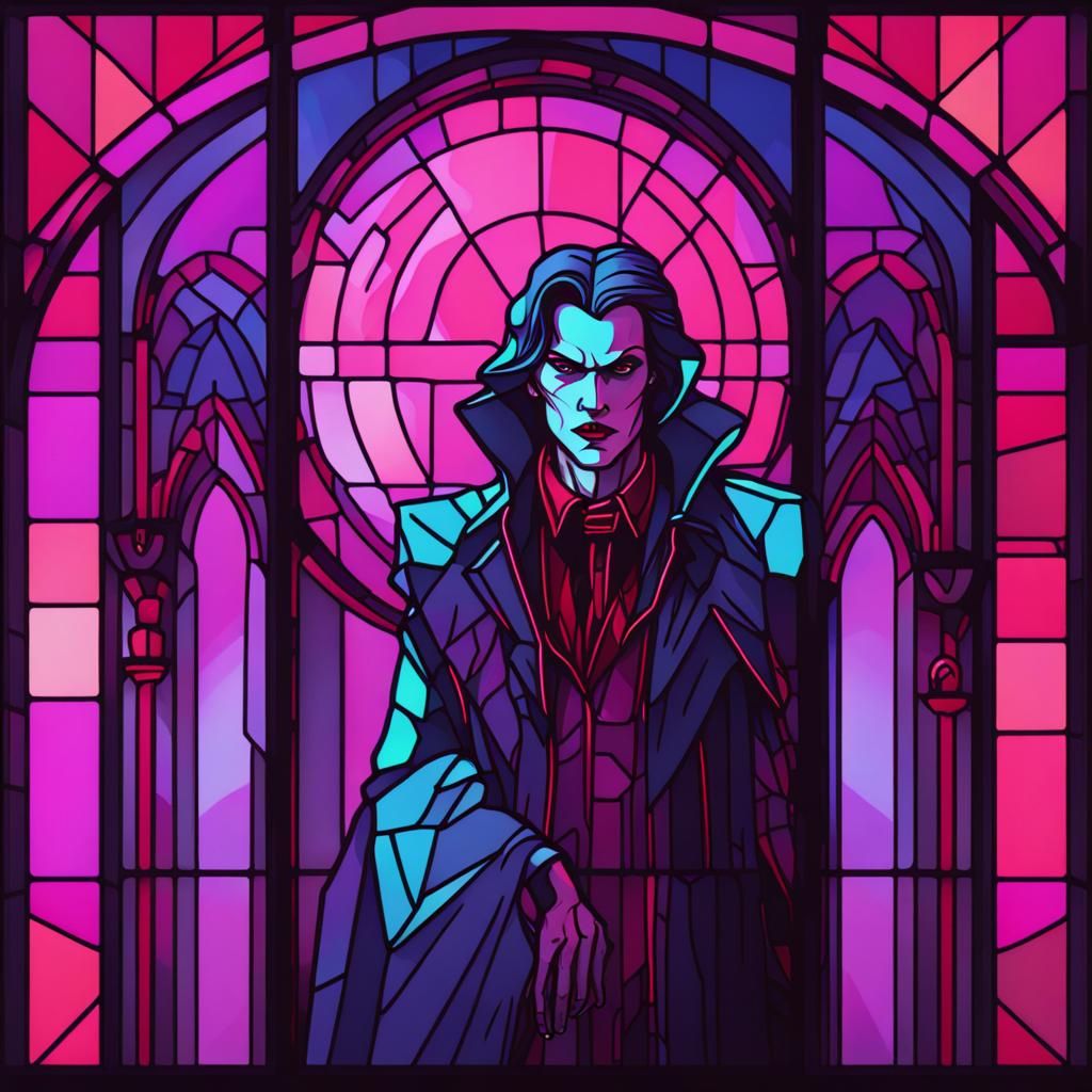 Stained Glass Vampire in Synthwave Neon Retro Style