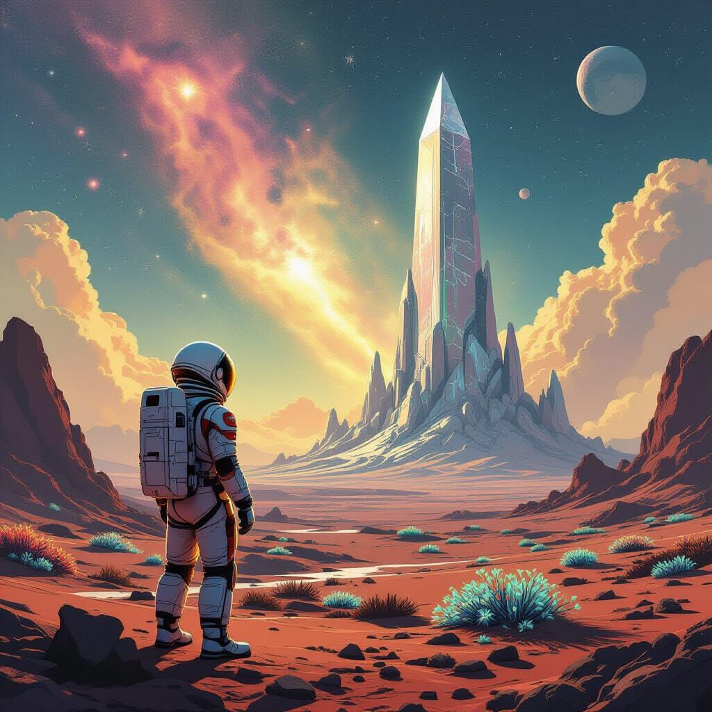 Astronaut Gazes at Crystal Structure on Alien Planet