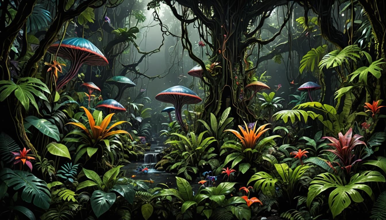 ultra detailed alien Rainforest Scenes at night