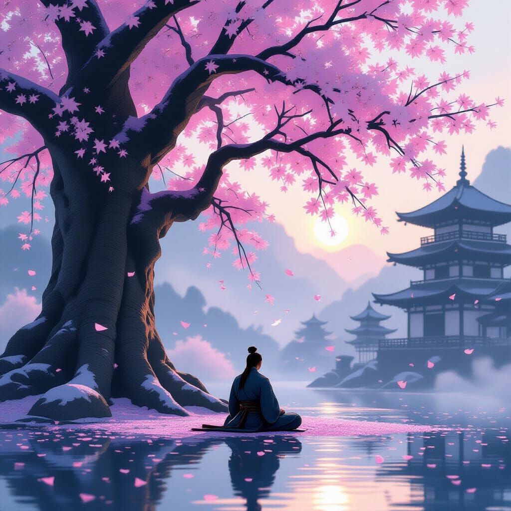 Samurai Meditating Under Cherry Blossoms in Sumi-e Style