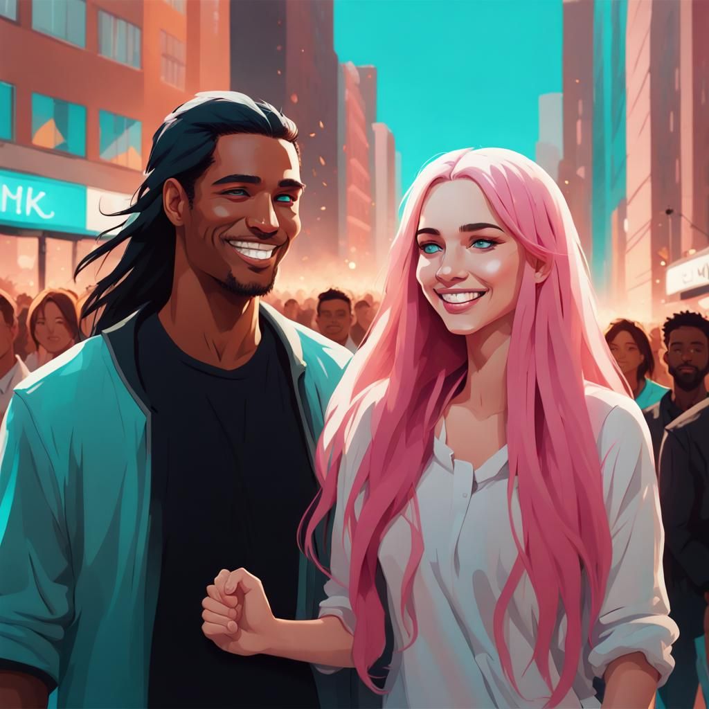 Smiling Couple in City During Autumn in Acrylic Art