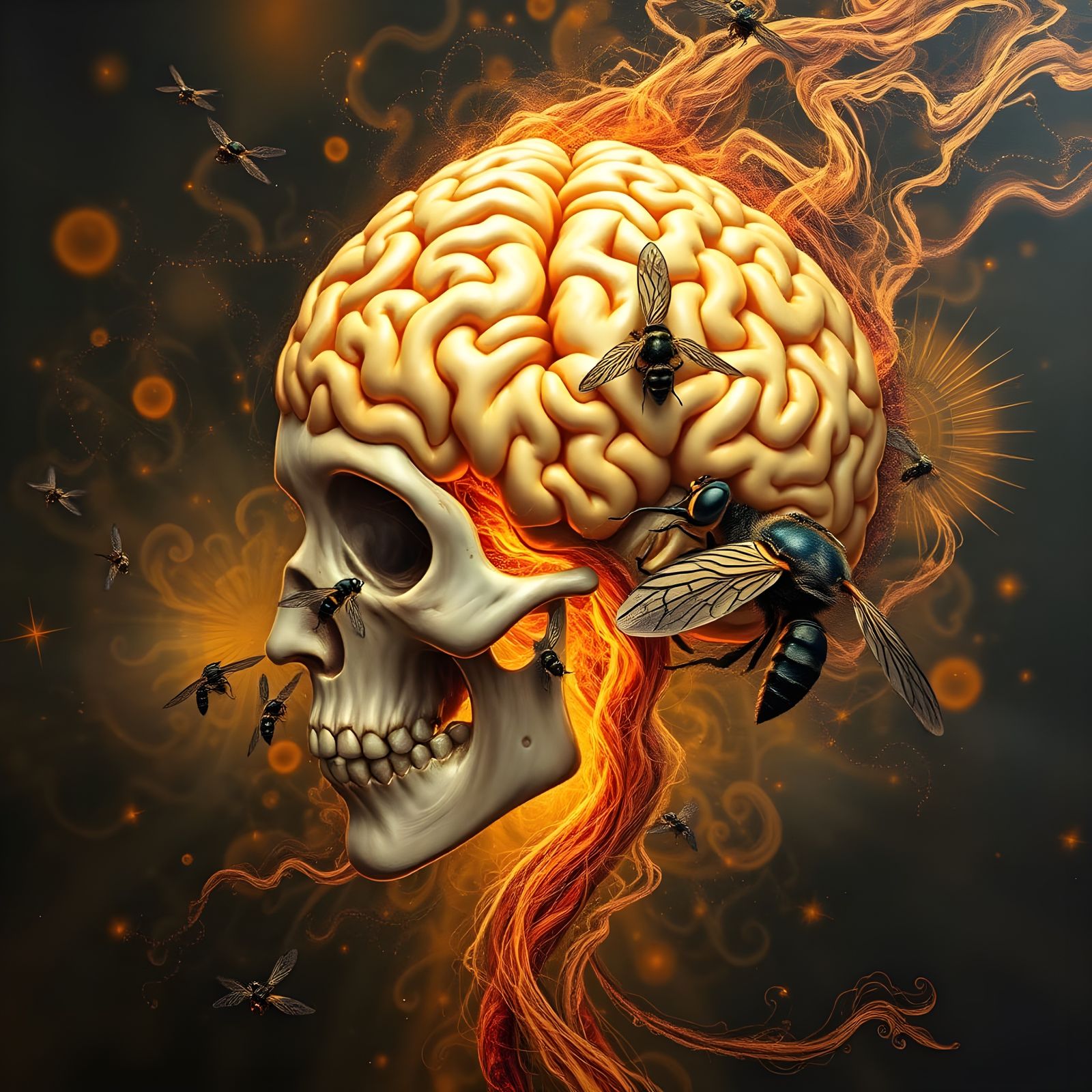 Surreal Head with Flies Emerging into a Creative Background