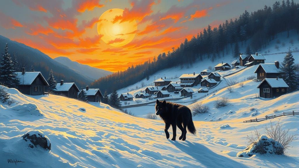 Black Wolf Strolls Through Snowy Village at Sunset