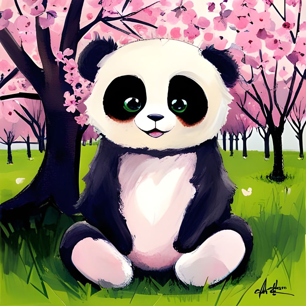 Chibi Panda in Japanese Cherry Blossom Garden