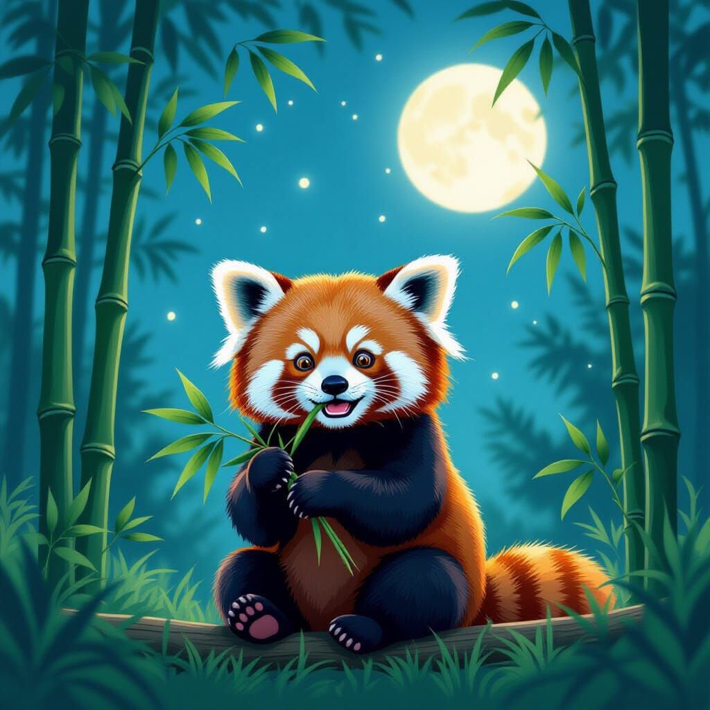 Red Panda Eats Bamboo Under Ethereal Moonlight