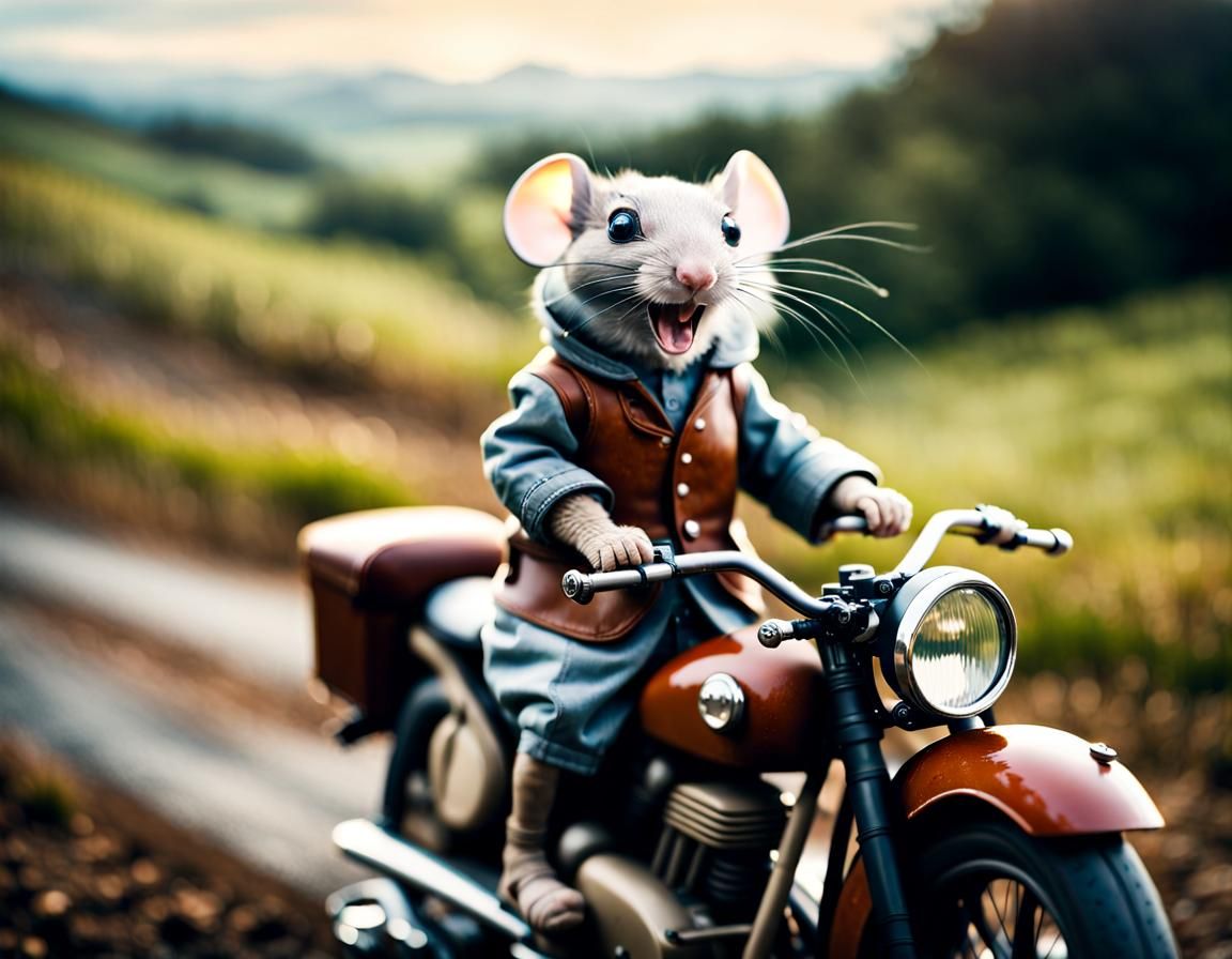 Mouse Rides Motorcycle in Beatrix Potter Style