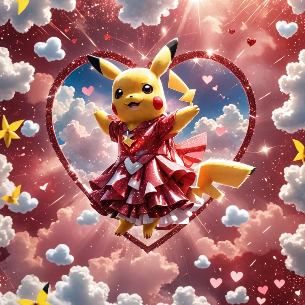 Pikachu in Red Dress with Pink Heart Background