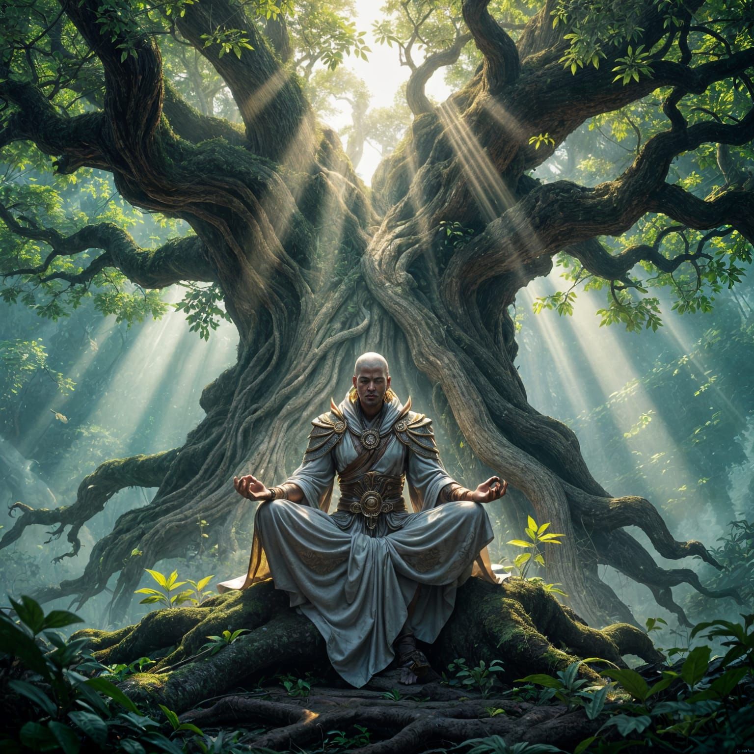 Stoic Warrior Meditating on Ancient Tree in Art Nouveau Styl...