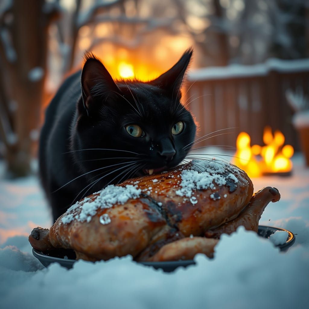 Mystical Black Cat Devours Roast Chicken in Snowy Winter Won...