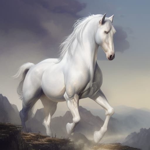 Stunning White Stallion with Mountain Backdrop