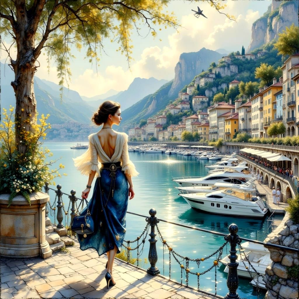 Monte Carlo Harbor in Watercolor with Shimmering Light