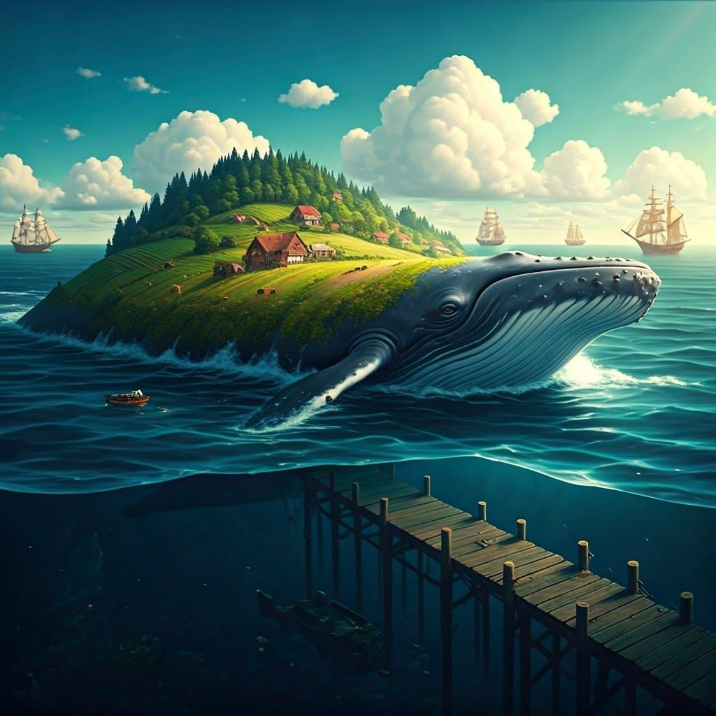 Whale Bearing Rural Landscape in Fairy-Tale Style