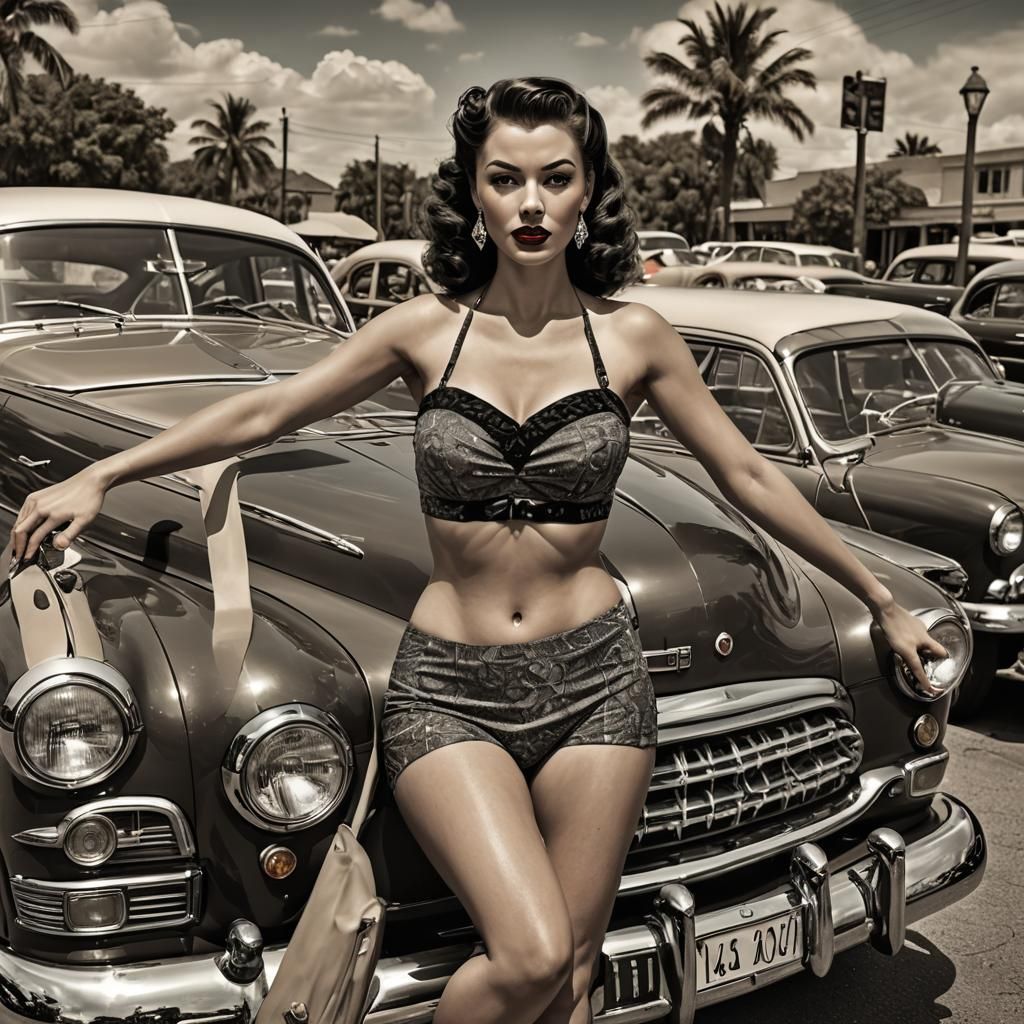1950s Pinup Girl with Classic Car in HDR