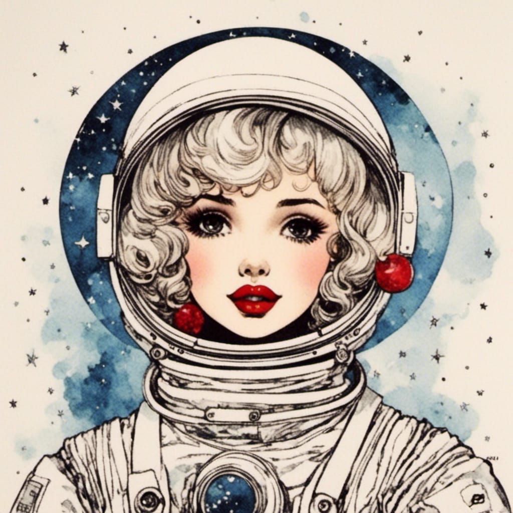 Cute Astronaut with Red Lipstick in Shoujo Pop Style