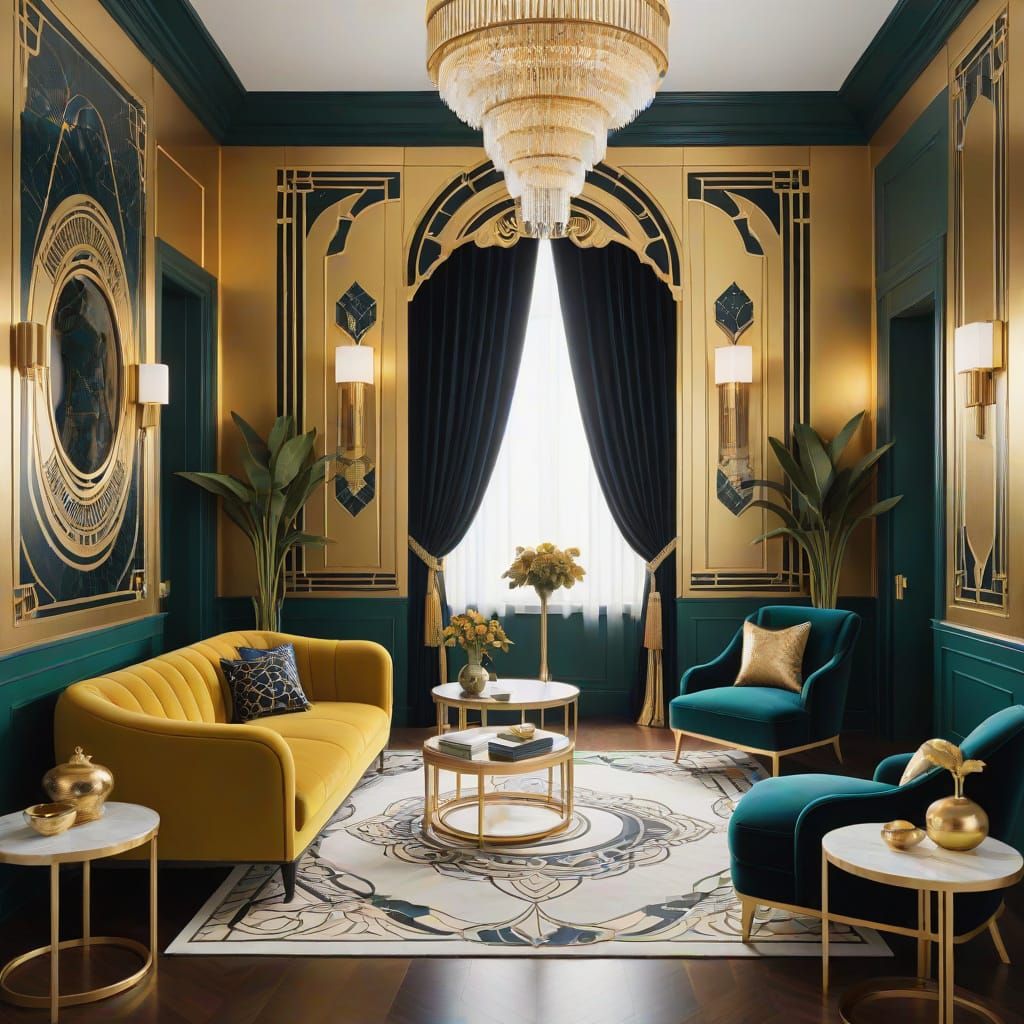 Luxurious Art Deco Interior in Metallic Gold and Jewel Tones