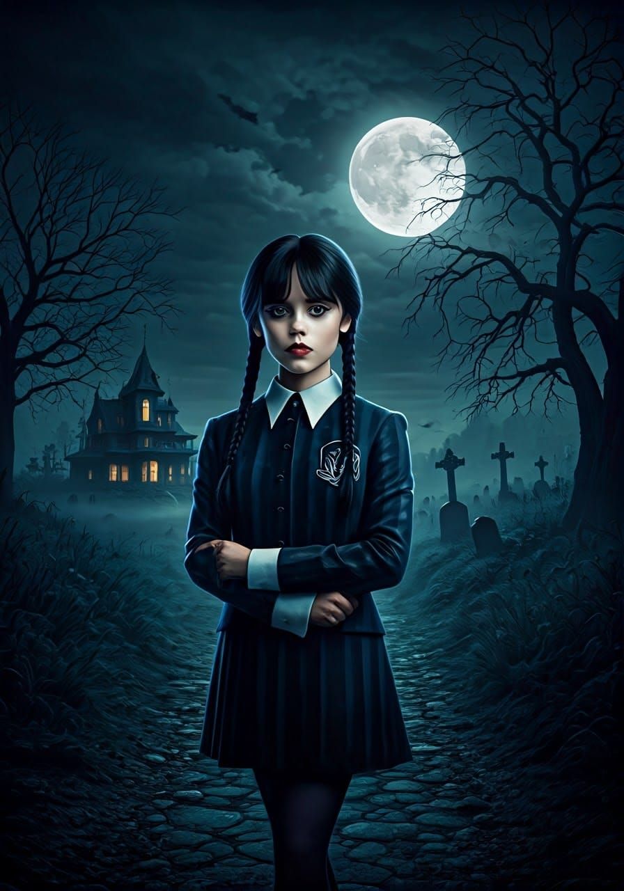 Surreal Halloween Landscape with Wednesday Addams