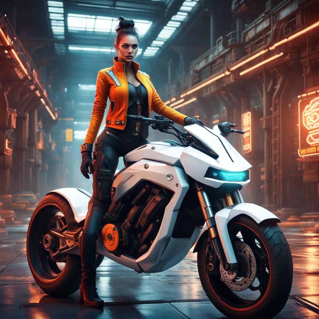 Cyberpunk Girl on Motorcycle with Factory Background