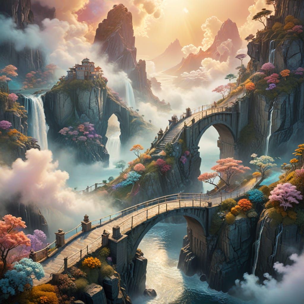 Ethereal Rainbow Bridge Connects Flying Islands in Vibrant A...