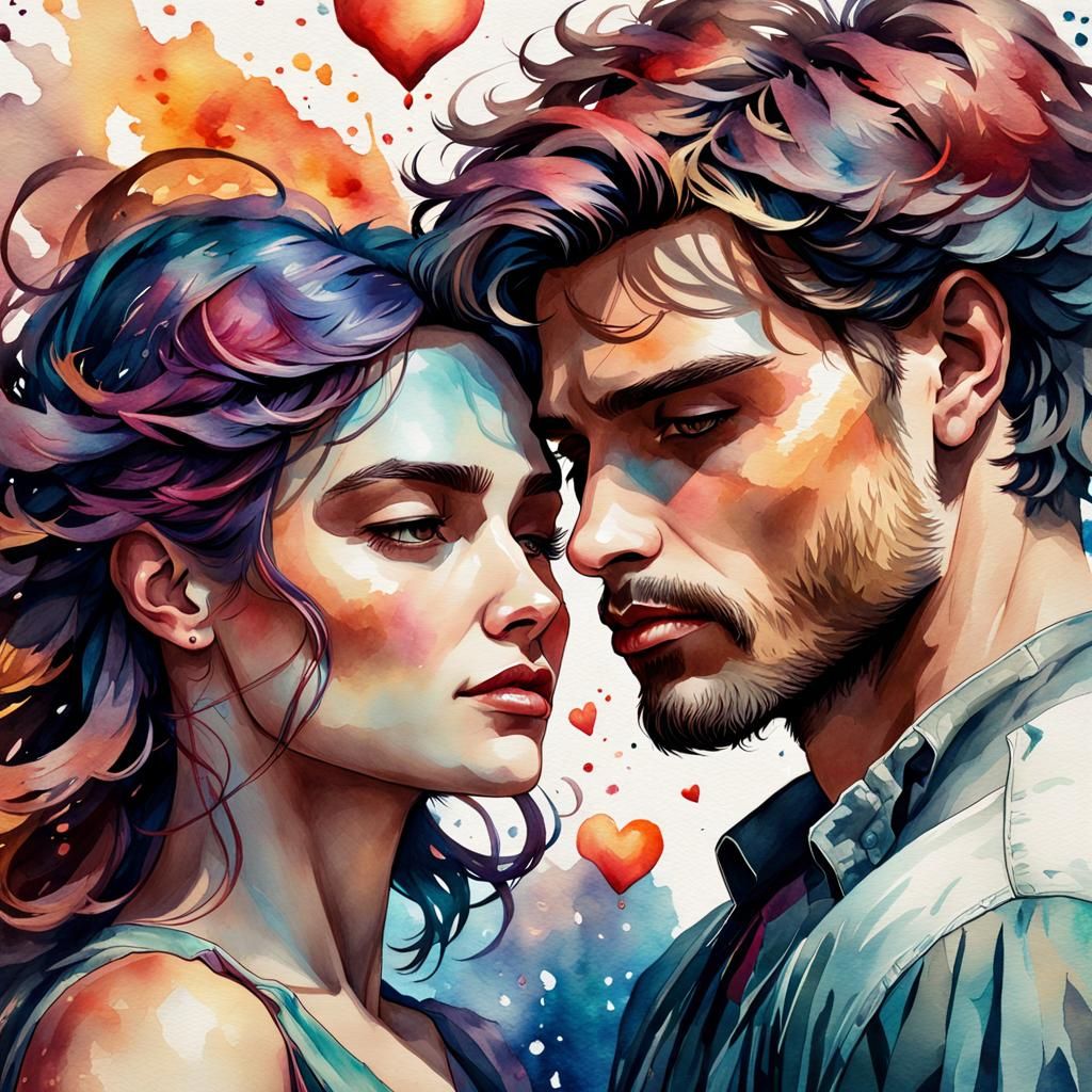 Watercolor Portrait of Two Young People in Love