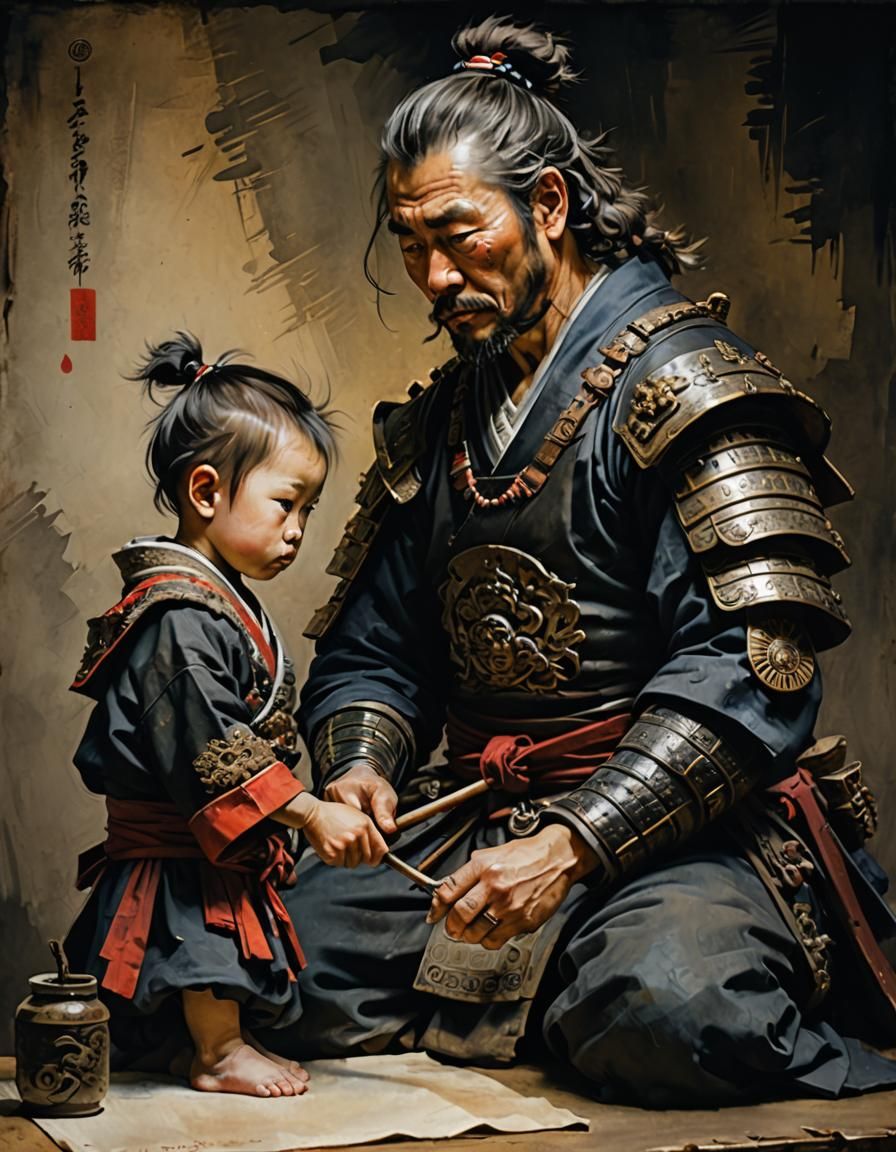 Samurai and Son: Oil Painting in Rembrandt Style