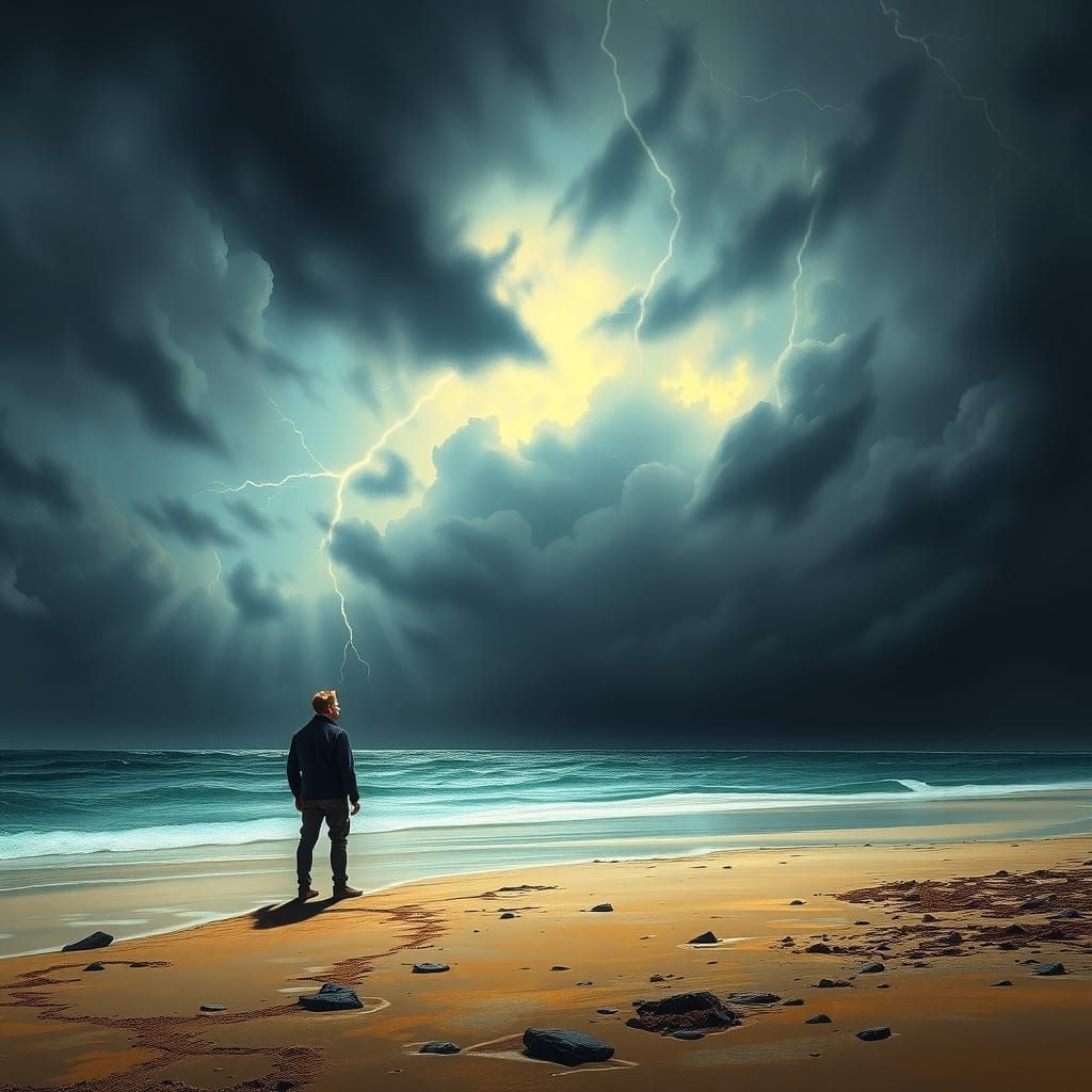 Dramatic Hyperrealistic Beach Scene at Stormy Sea