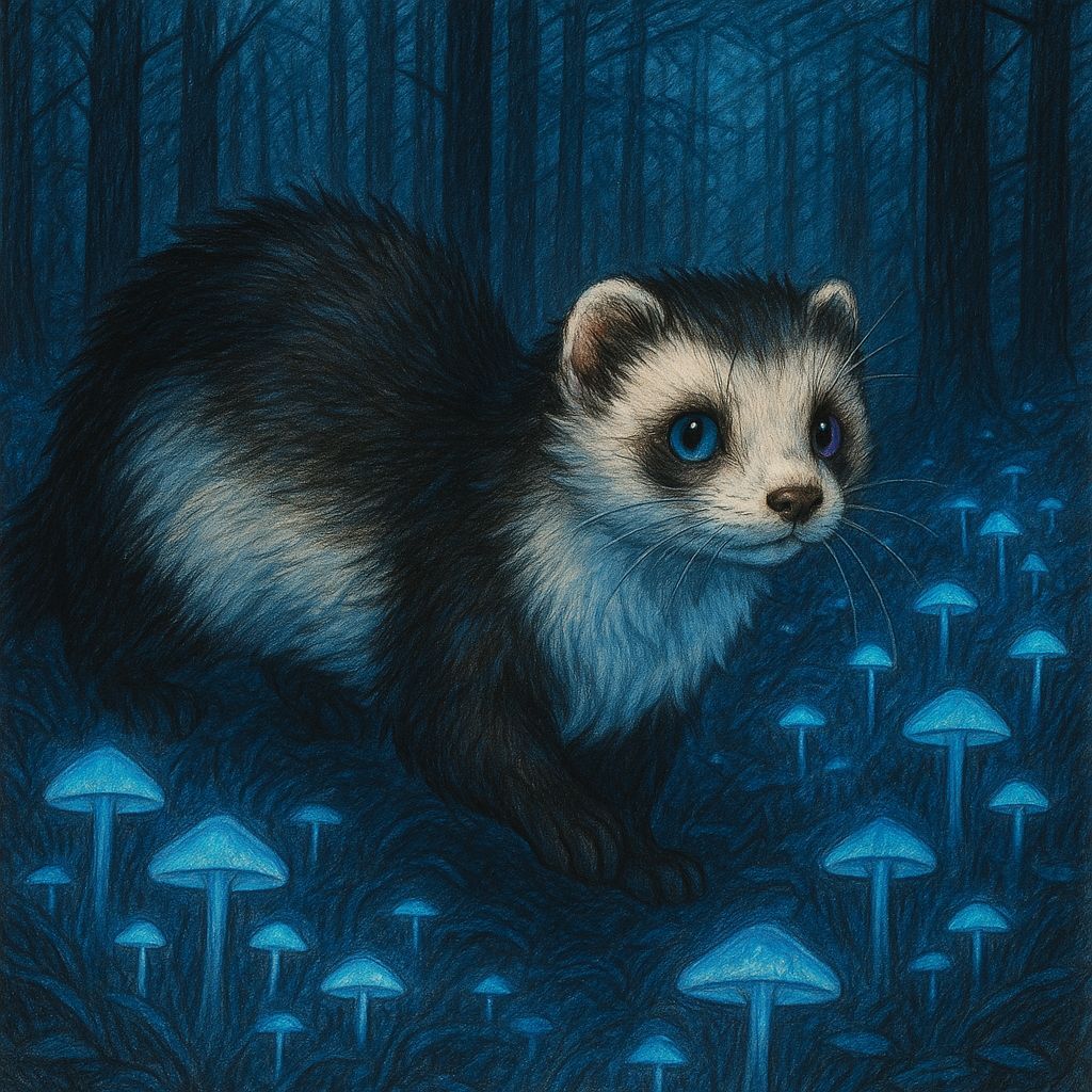 Angora Ferret in Magical Forest, Colored Pencil Sketch