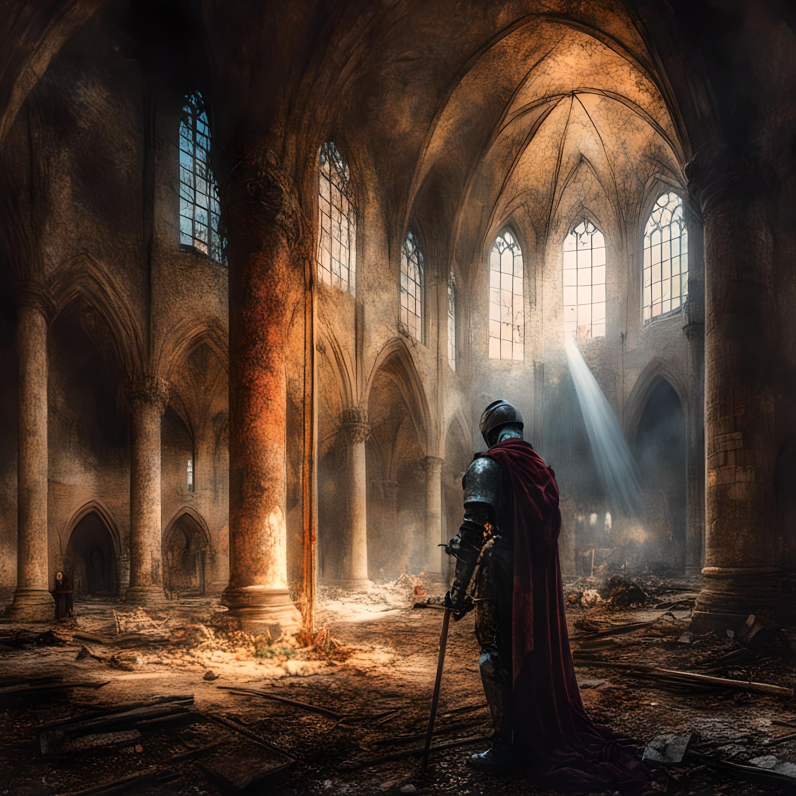 Knight Praying in Ruined Cathedral: Hyperrealistic Art