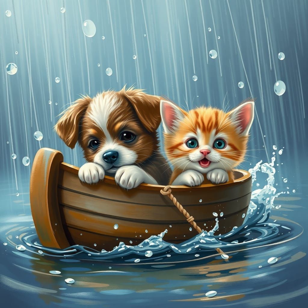 Puppy and Kitten Sailing Home in Diamond Rain