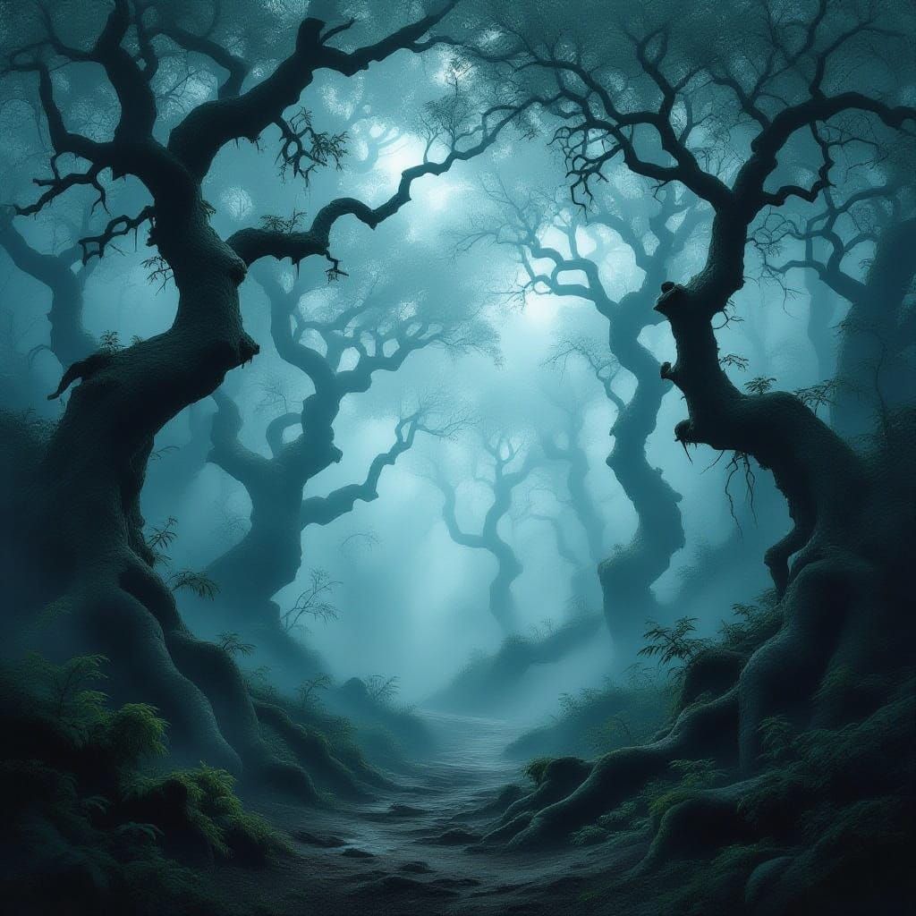 Ethereal Fog Obscures Ancient Forest Path