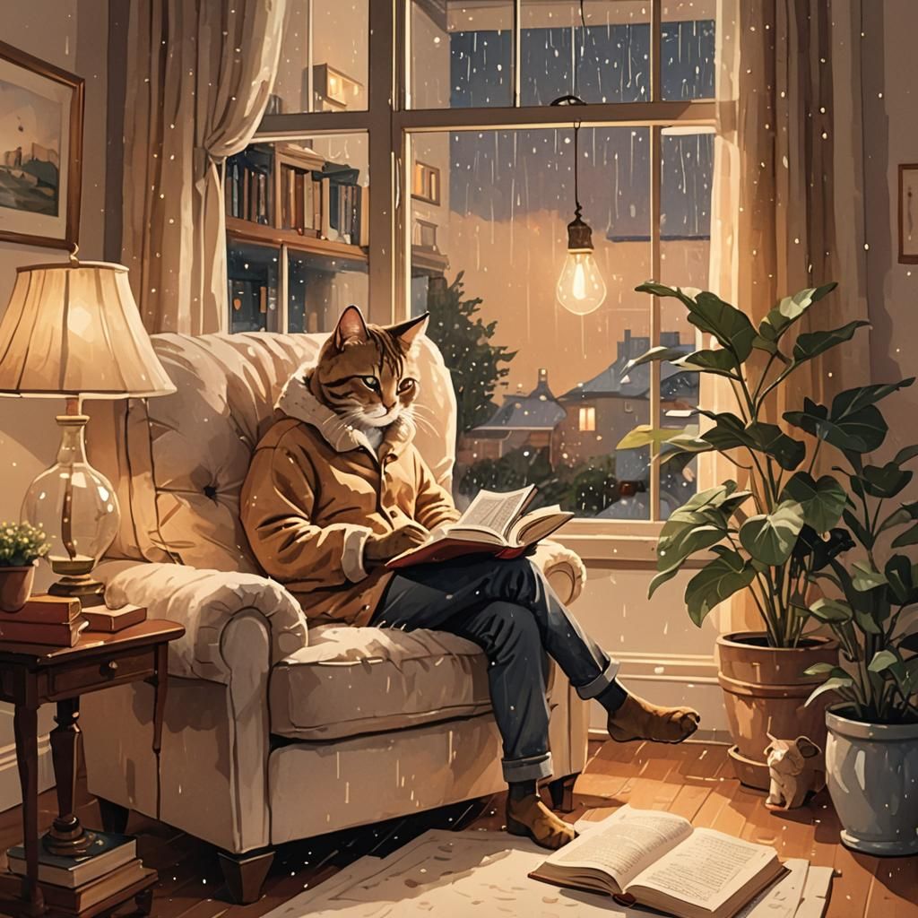 Cozy Rainy Night Interior Illustration
