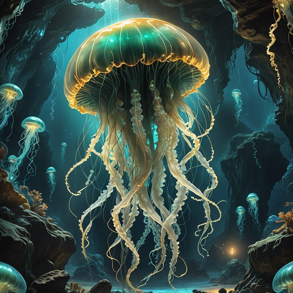Bioluminescent Jellyfish in Mystical Underwater Cave