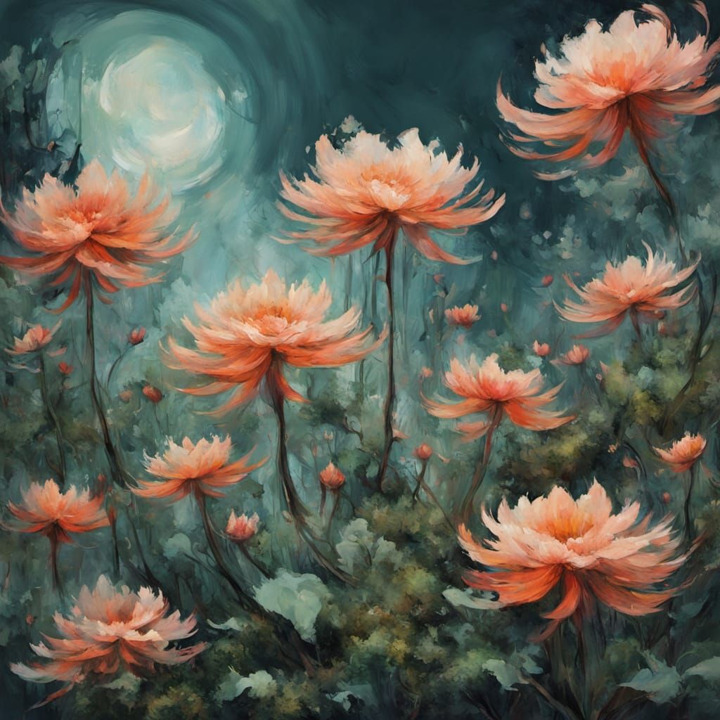 Surreal Auburn Floral Painting with Glitchcore Elements