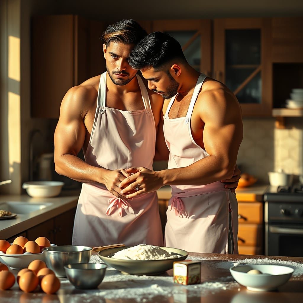 Romantic Kitchen Scene with Two Muscular Men
