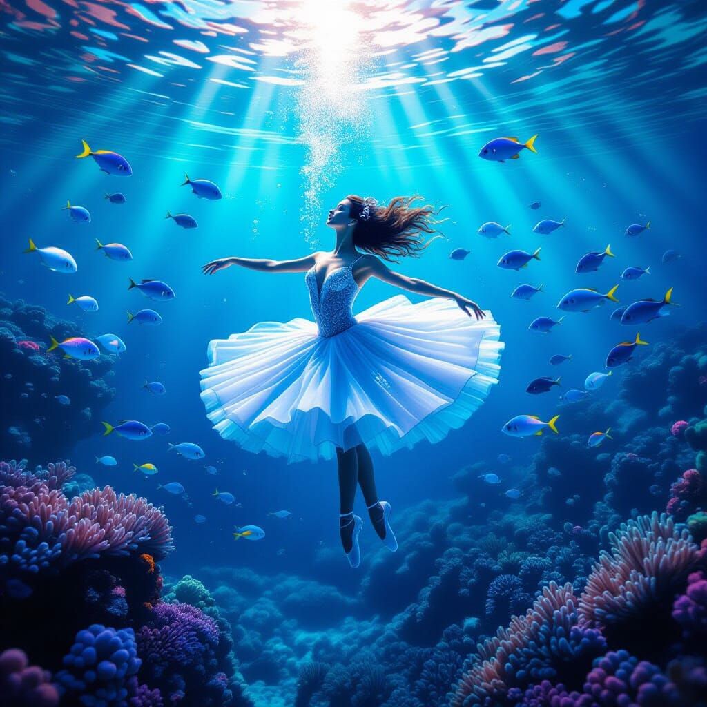 Underwater Ballerina Amidst Coral Reef in Surreal Dreamscape