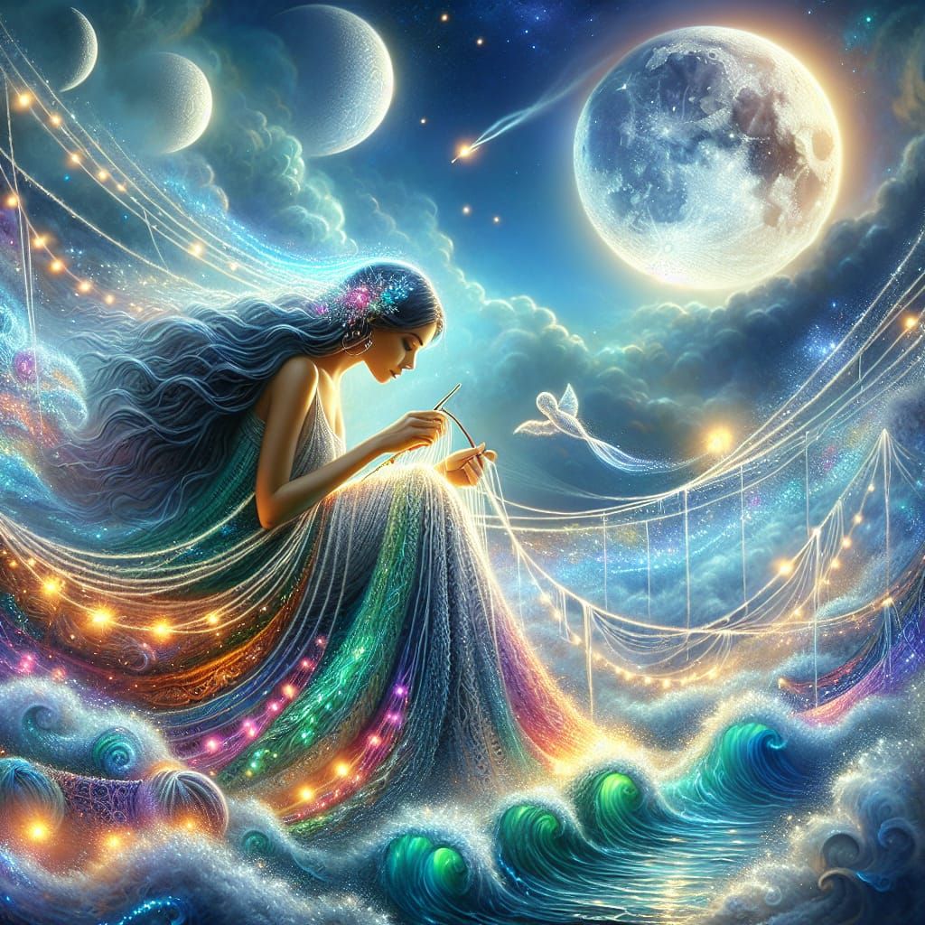 Woman Weaving Moonlit Dreams on Silver Seas in Vibrant Oil S...