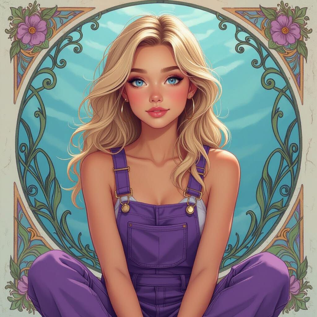 Girl in Purple Overalls: Whimsical Digital Art
