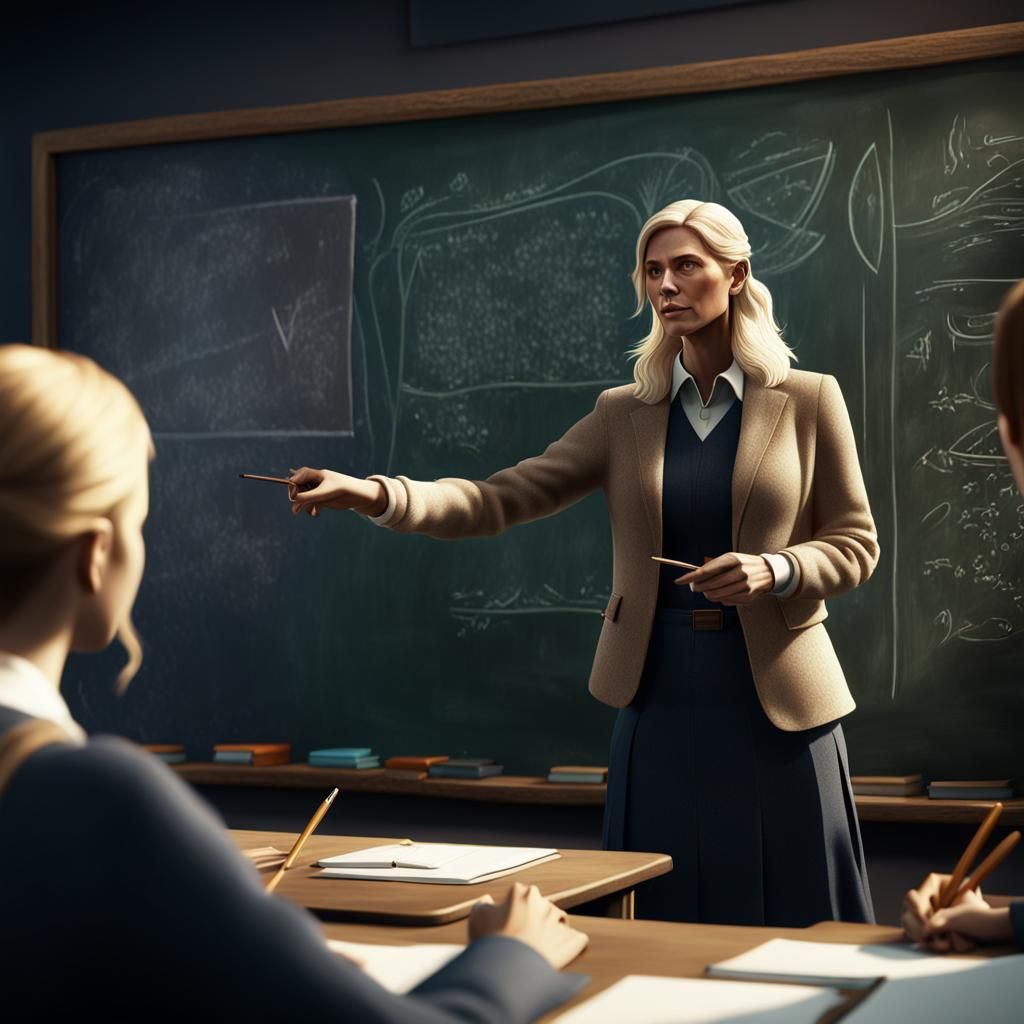 Blonde Teacher in Classroom: 3D Rendered Fantasy Art