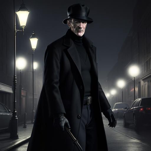 Ted Cassidy as a mafia heavy thug, slouch hat, black gloves, overcoat, roll neck sweater, low angle shot
background stre...