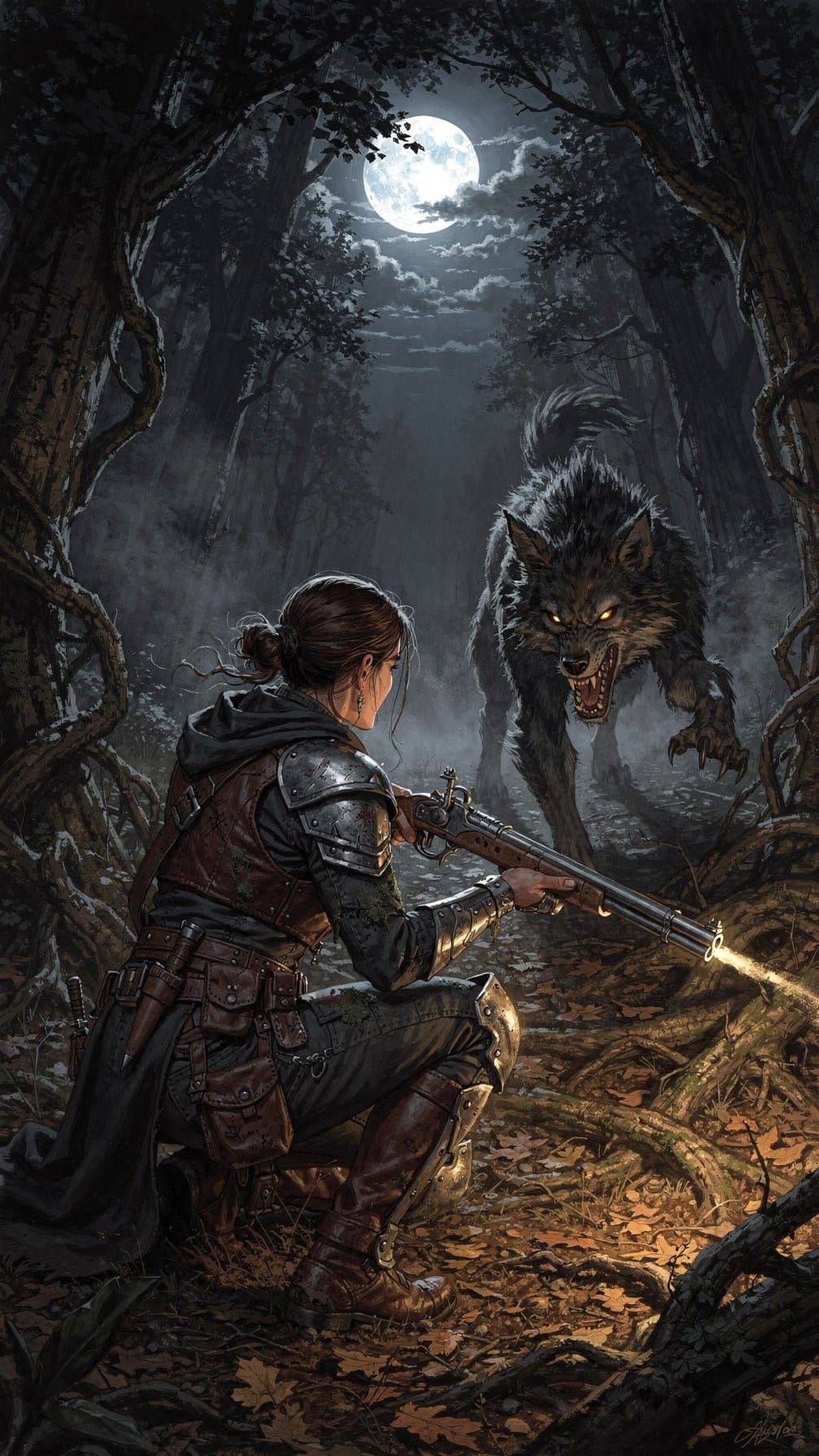 Hunter Confronts Werewolf in Moonlit Woods