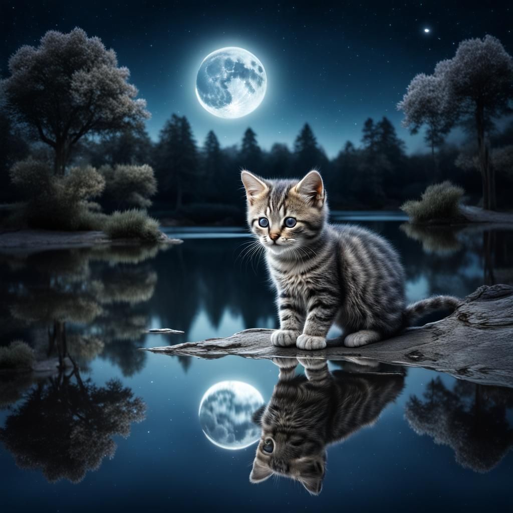 Crescent Moon Kitten Illuminates Shimmering Lake Scene