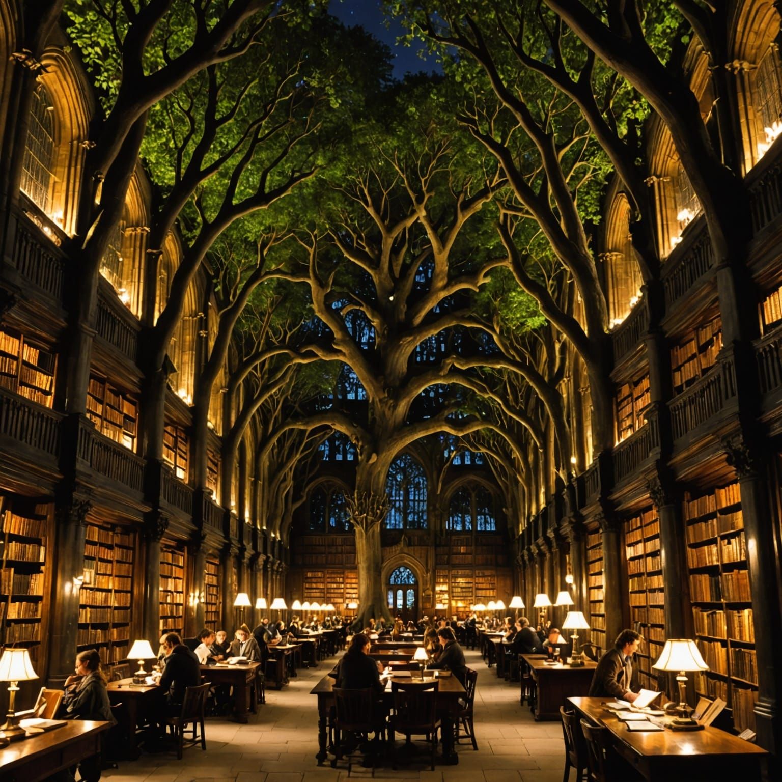 Cosy Tree Library at Night with Mages Studying