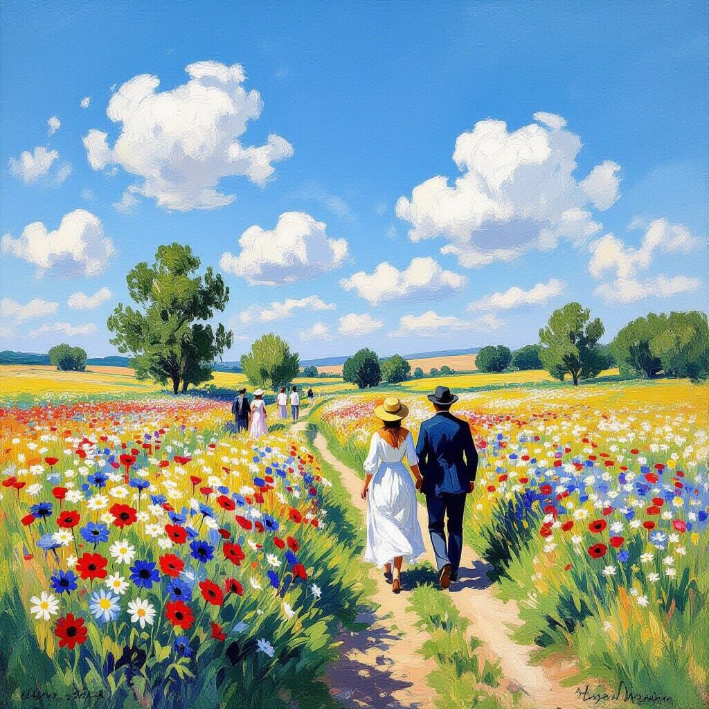 Impressionistic Summer Landscape with Cornflowers and Daisie...