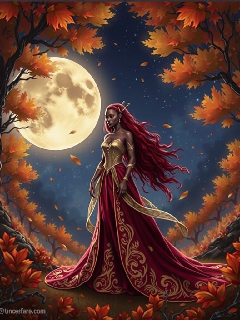 Elegant African Woman in Fantastical Autumn Moonlit Landscap...