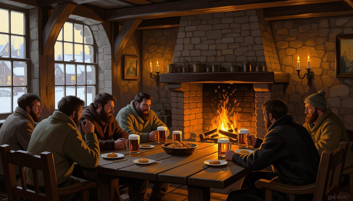 Cozy Tavern Scene in Autumn Evening Light